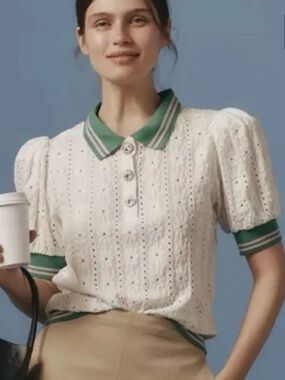 2 Pack Eyelet Knit Polo Tops with cream with khaki& pink trim - navy with cream